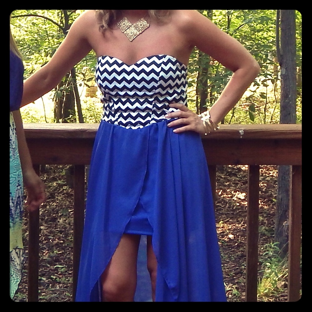 Blue strapless mini dress with high low overlay!